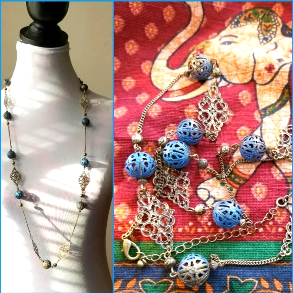 Long necklace filigree ball necklace blue antique gold tone